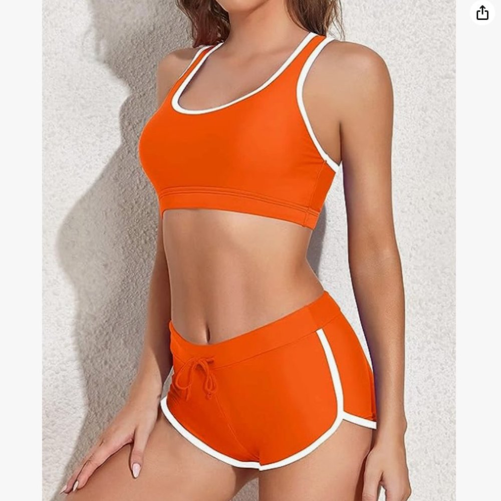 Tempt Me Orange Two Piece Athletic Sporty Racerback Booty Shorts Bikini